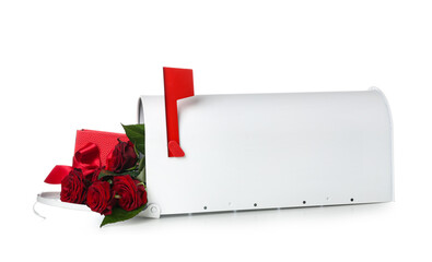 Mailbox with gift and roses on white background. Valentine's Day celebration