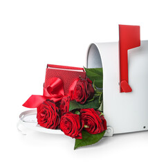 Mailbox with gift and roses on white background. Valentine's Day celebration