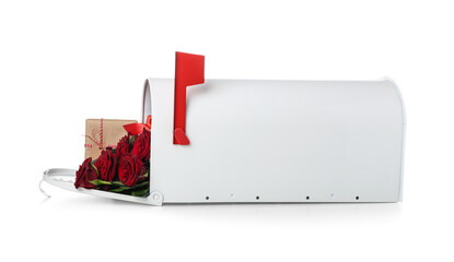 Mailbox with roses and gifts on white background. Valentine's Day celebration