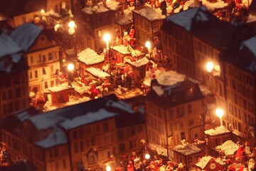 Fototapeta na wymiar Christmas Market and Village Miniature Scene Seamless Holiday Texture Pattern Tiled Repeatable Tessellation Background Image