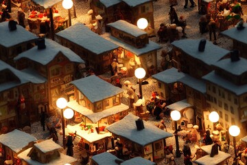 Fototapeta na wymiar Christmas Market and Village Miniature Scene Seamless Holiday Texture Pattern Tiled Repeatable Tessellation Background Image