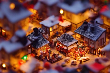 Christmas Market and Village Miniature Scene Seamless Holiday Texture Pattern Tiled Repeatable Tessellation Background Image