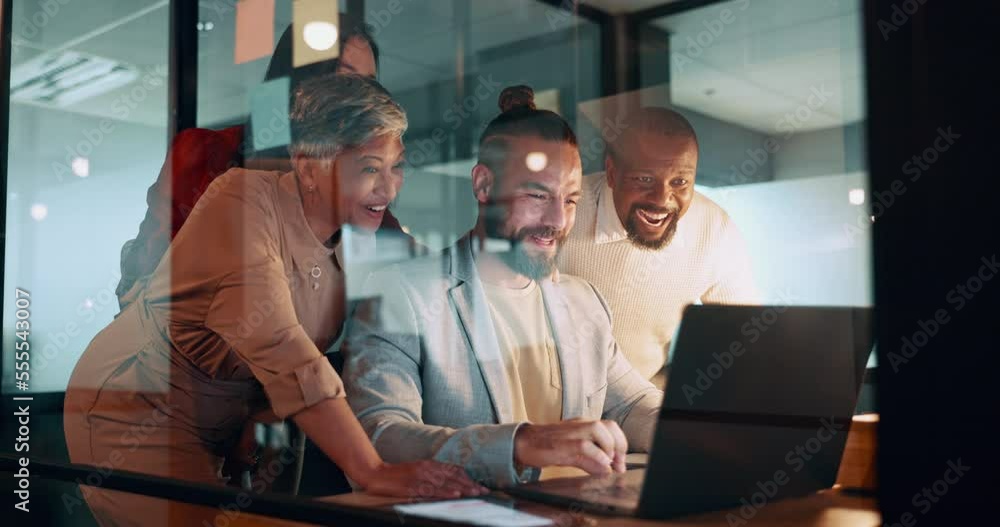 Aufkleber collaboration, success and a business team cheering together in their office while working on a lapt
