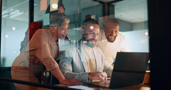 Collaboration, success and a business team cheering together in their office while working on a laptop. Computer, teamwork and celebration with a man and woman employee group saying yes or wow
