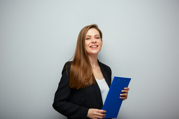 Accountant woman holding blue tablet. Isolated portrait with copy space.