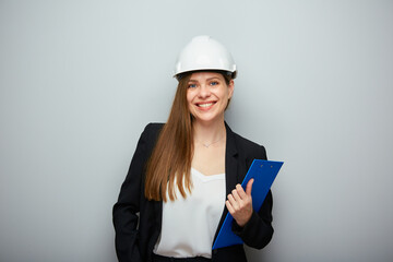 Woman architect engineer profession holding blue tablet.