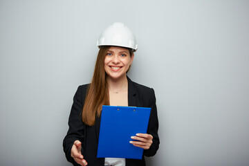 Woman architect engineer profession holding blue tablet and giving handshake.