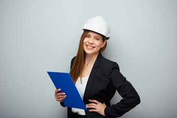 Woman architect engineer profession holding blue tablet.