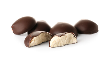 Heap of sweet bird's milk candies on white background