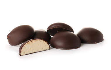 Heap of sweet bird's milk candies on white background