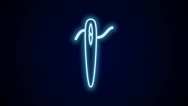 Glowing neon line Needle for sewing with thread icon isolated on black background. Tailor symbol. Textile sew up craft sign. Embroidery tool. 4K Video motion graphic animation