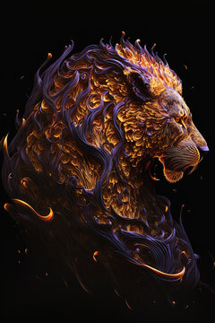 Abstract lion print luminous ink diffusion in a fire on a black background