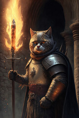Angry Cat soldier knight holding a flaming spear. medieval concept, Knight Anthropomorphic Cat. Scifi concept art. Generative ai