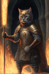 Cat soldier knight holding a flaming spear. medieval concept, Knight Anthropomorphic Cat. Scifi concept art. Generative ai