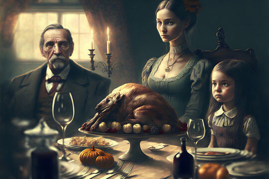 creepy family at thanksgiving table with served roasted turkey, neural network generated art