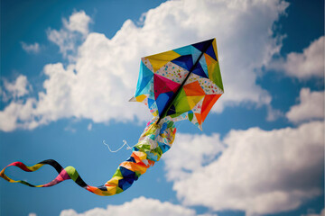Dragon kite flying in the blue sky between clouds in concept for international festival of kites