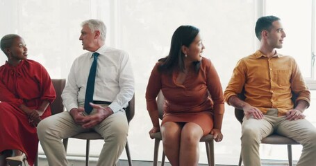 Business people, recruitment line and meeting for job interview, teamwork collaboration or group together in office. Human resources, employees talking and diversity collaboration waiting in lobby