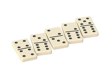 Row of dominoes tiles isolated on white background. 3d render