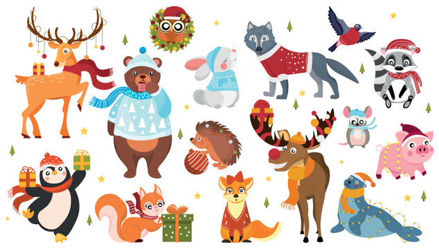 Group of animals on white background. Christmas celebration