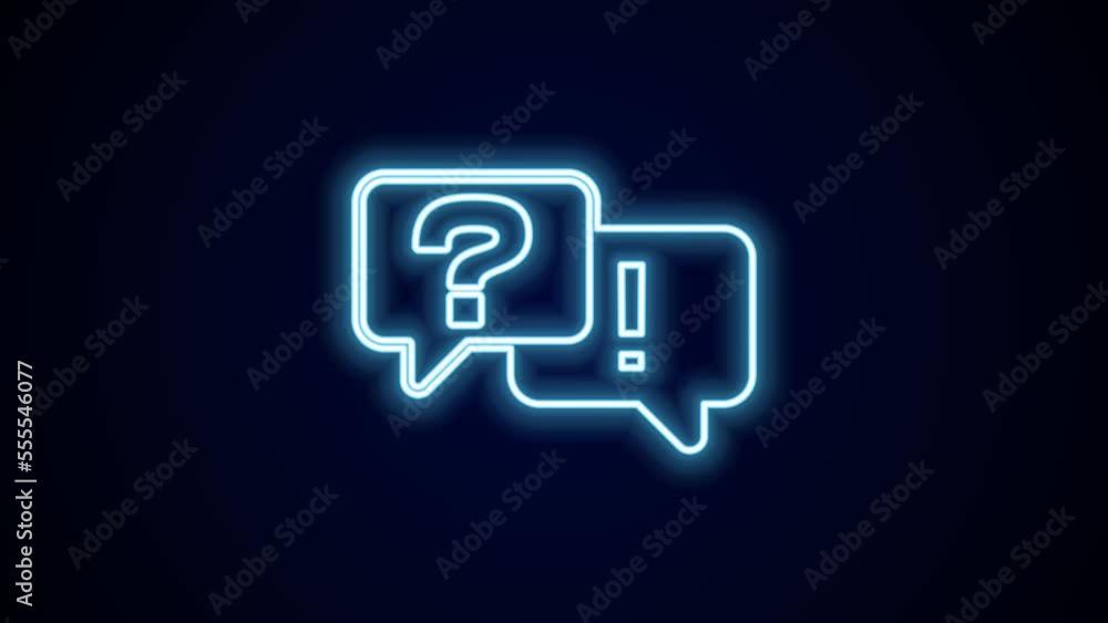 Poster glowing neon line speech bubbles with question and answer icon isolated on black background. q and a