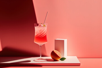 Cocktail with an aperitif on a pink backdrop. Background with sunlight and shadows. basic pink and white. Generative AI - obrazy, fototapety, plakaty
