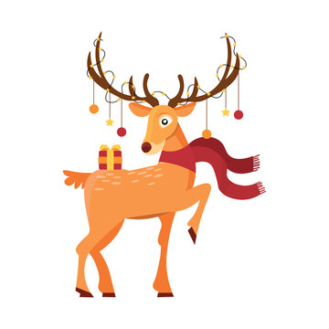 Cute deer with Christmas decorations and gift on white background