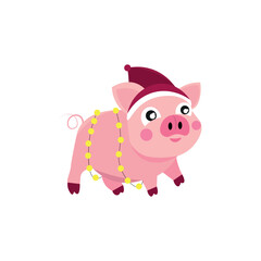 Cute pig with Christmas garland on white background