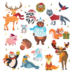 Many animals on white background. Christmas celebration