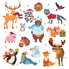 Obraz premium Many animals on white background. Christmas celebration