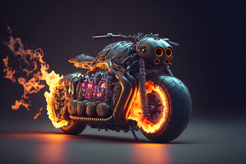 Futuristic custom motorcycle concept with flaming tires. Scifi futuristic concept. Generative Ai