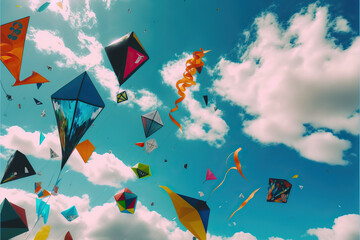 Various types of kites flying in the blue sky among clouds in concept for international kite festival