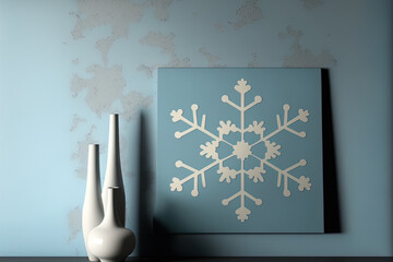 Abstract wall decor and wrapping paper. Cute snowflake against a background of blue, gray, and neutral hues. Winter's symbol, a happy Christmas, and a prosperous new year a rasterized image. Simple as