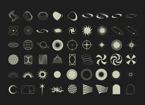Deep space and retro futuristic graphic design vector icon bundle set