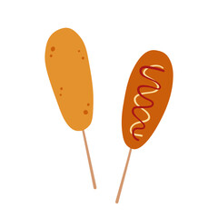 Corn dog. Sausage in dough on a stick. Korean street food. Asian cuisine. Hand-drawn colored flat vector illustration isolated on white background.