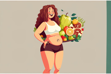 Diet and weight loss idea. Happy smiling lady wearing baggy pants standing while holding fresh produce to demonstrate weight reduction image. Generative AI