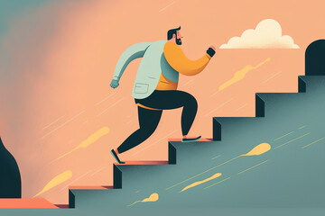 Character going up the stairs in a hurry. person's last ditch effort flat style. Concept of advancement, fitness, and career growth. Generative AI