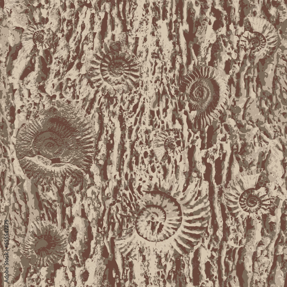 Poster vector seamless pattern background with sea stone texture with imprints of shells of ancient ammonit