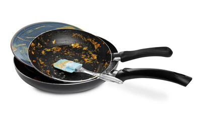 Many different dirty dishes on white background