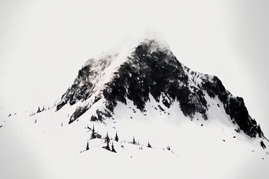 Snow covered mountains with a solitary white background. Generative AI