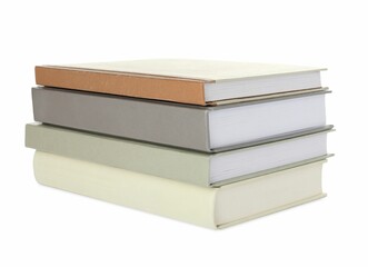 Many different books stacked on white background
