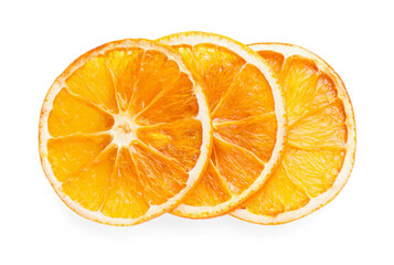 Delicious dry orange slices on white background, top view