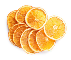 Delicious dry orange slices on white background, top view