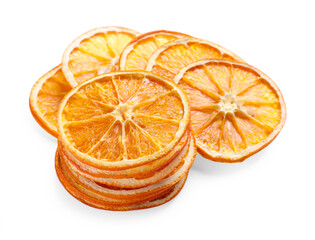 Delicious dry orange slices on white background