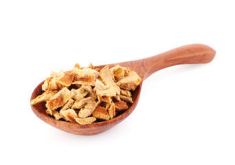 Spoon with dried orange zest seasoning isolated on white