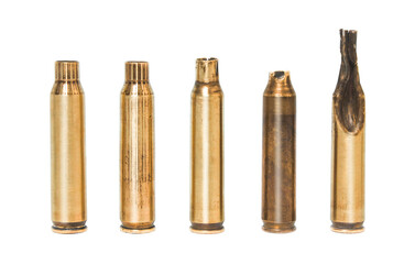 Obraz premium Different of deform 5.56 fired ammo case shell isolated on white background, used empty ammunition individually.