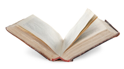 Open old hardcover book isolated on white