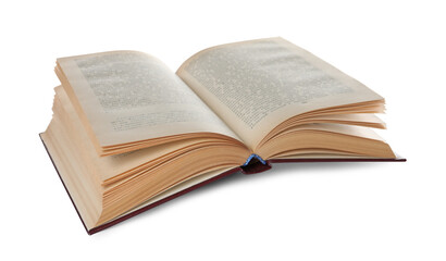 Open old hardcover book isolated on white
