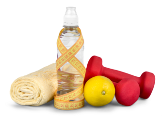 fitness dumbbells water and fruits. workout concept