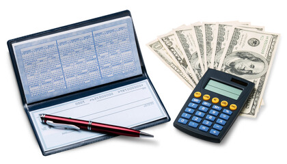 Plastic mathematical calculator with money and checkbooks