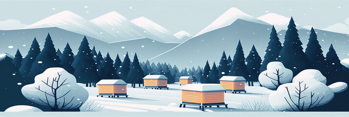 Apiary in winter. Beehives covered with snow in a clearing  of snow-capped mountains after a snowfall. Wintering bees in open air in Alps Background for beekeeping . Generative AI